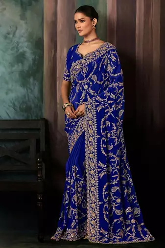 Blue fancy hand work border with heavy designer blouse  wedding wear saree