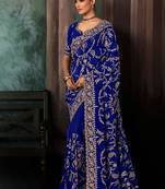 Blue fancy hand work border with heavy designer blouse  wedding wear saree