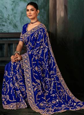 Blue fancy hand work border with heavy designer blouse  wedding wear saree 2