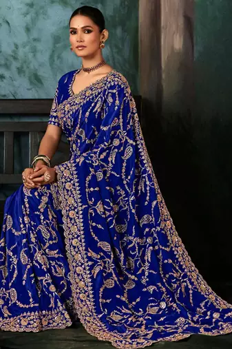 Blue fancy hand work border with heavy designer blouse  wedding wear saree