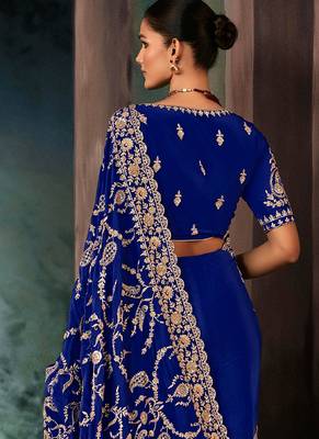 Blue fancy hand work border with heavy designer blouse  wedding wear saree 3