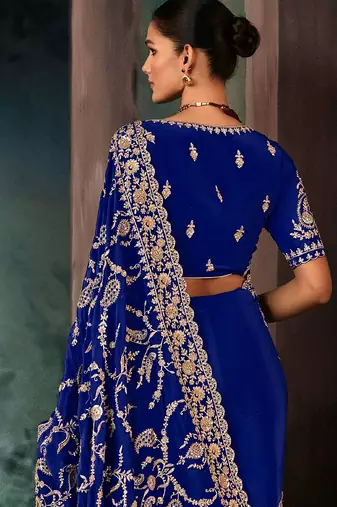 Blue fancy hand work border with heavy designer blouse  wedding wear saree