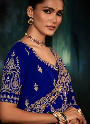 Blue fancy hand work border with heavy designer blouse  wedding wear saree 4
