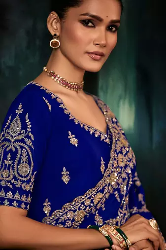 Blue fancy hand work border with heavy designer blouse  wedding wear saree