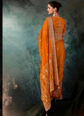 Orange  fancy hand work border with heavy designer blouse  wedding wear saree 2