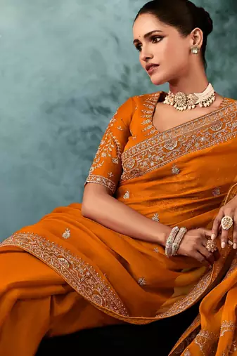 Orange  fancy hand work border with heavy designer blouse  wedding wear saree