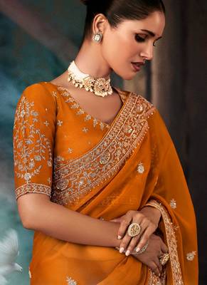 Orange  fancy hand work border with heavy designer blouse  wedding wear saree 5