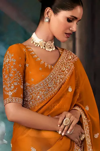 Orange  fancy hand work border with heavy designer blouse  wedding wear saree