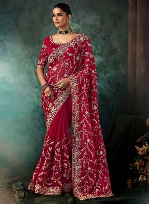 Red fancy hand work border with heavy designer blouse  wedding wear saree 1