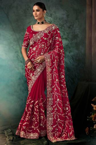 Red fancy hand work border with heavy designer blouse  wedding wear saree