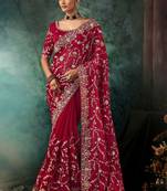 Red fancy hand work border with heavy designer blouse  wedding wear saree