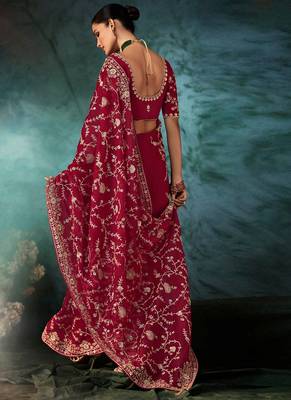Red fancy hand work border with heavy designer blouse  wedding wear saree 2