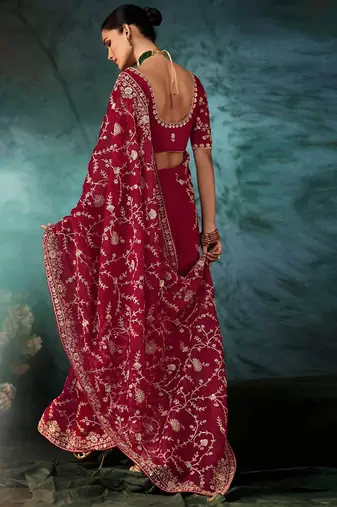 Red fancy hand work border with heavy designer blouse  wedding wear saree