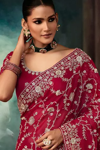 Red fancy hand work border with heavy designer blouse  wedding wear saree