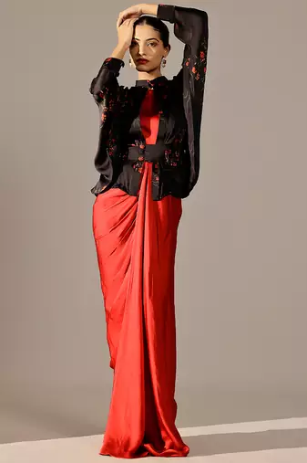 Red georgette gown with Jacket