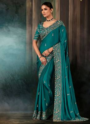 Teal fancy hand work border with heavy designer blouse  wedding wear saree 1