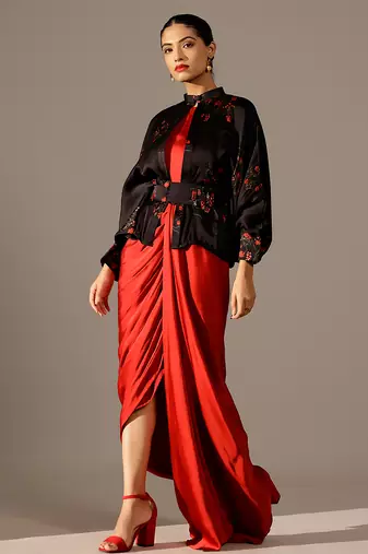 Red georgette gown with Jacket