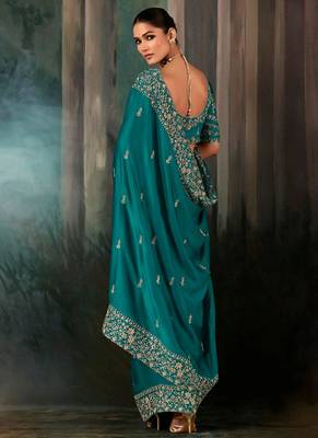 Teal fancy hand work border with heavy designer blouse  wedding wear saree 2