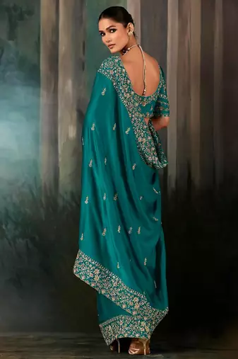 Teal fancy hand work border with heavy designer blouse  wedding wear saree