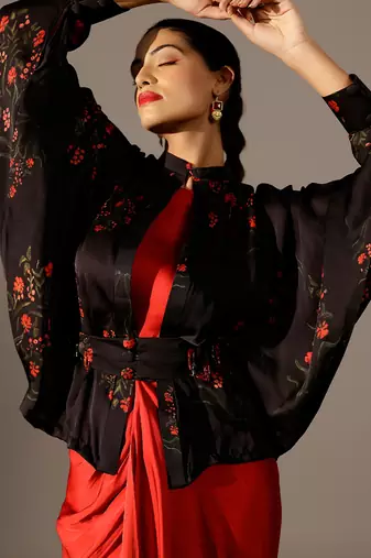 Red georgette gown with Jacket
