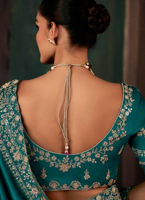 Teal fancy hand work border with heavy designer blouse  wedding wear saree 3