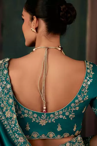 Teal fancy hand work border with heavy designer blouse  wedding wear saree