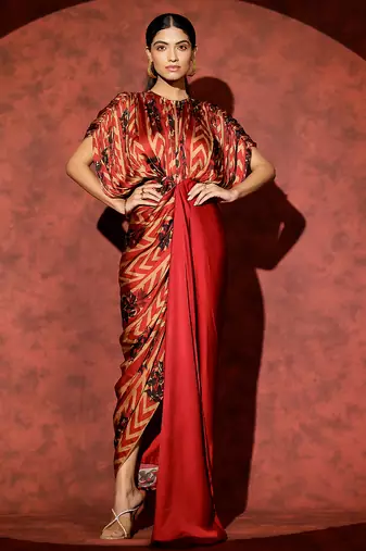 Red printed georgette gown