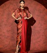 Red printed georgette gown
