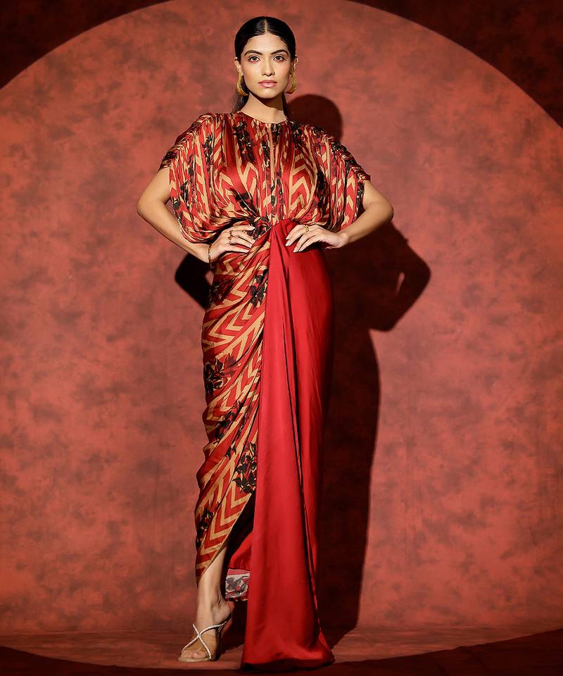 Red printed georgette gown