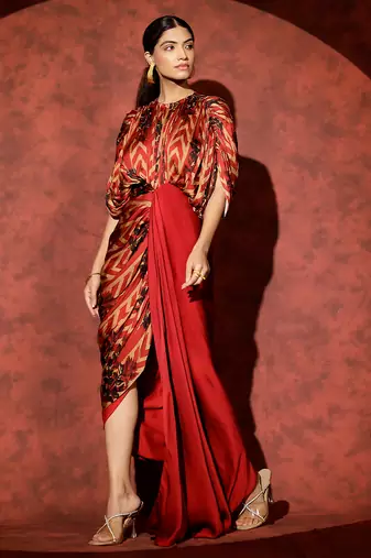 Red printed georgette gown