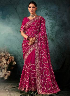 Rani pink fancy hand work border with heavy designer blouse  wedding wear saree 1
