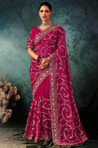 Rani pink fancy hand work border with heavy designer blouse  wedding wear saree