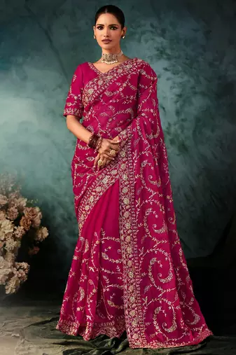 Rani pink fancy hand work border with heavy designer blouse  wedding wear saree