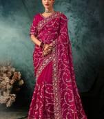 Rani pink fancy hand work border with heavy designer blouse  wedding wear saree