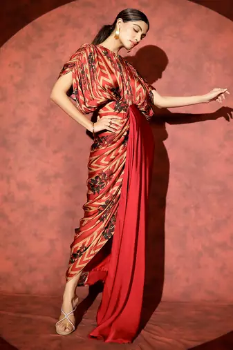 Red printed georgette gown