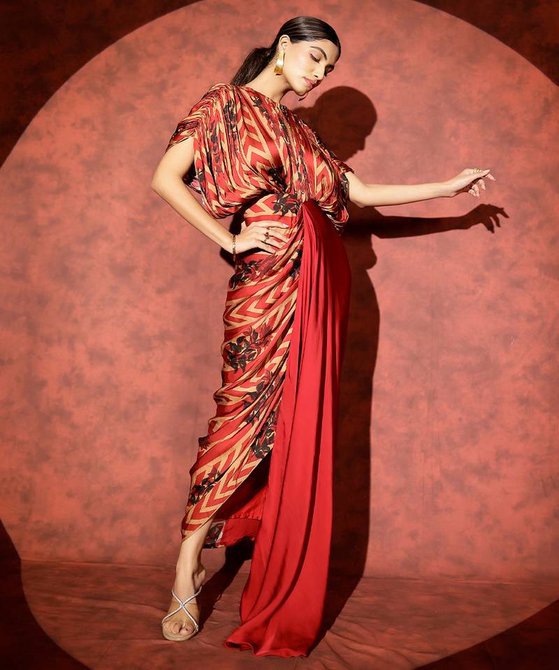 Red printed georgette gown