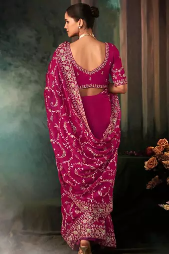 Rani pink fancy hand work border with heavy designer blouse  wedding wear saree
