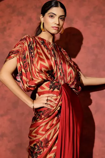 Red printed georgette gown