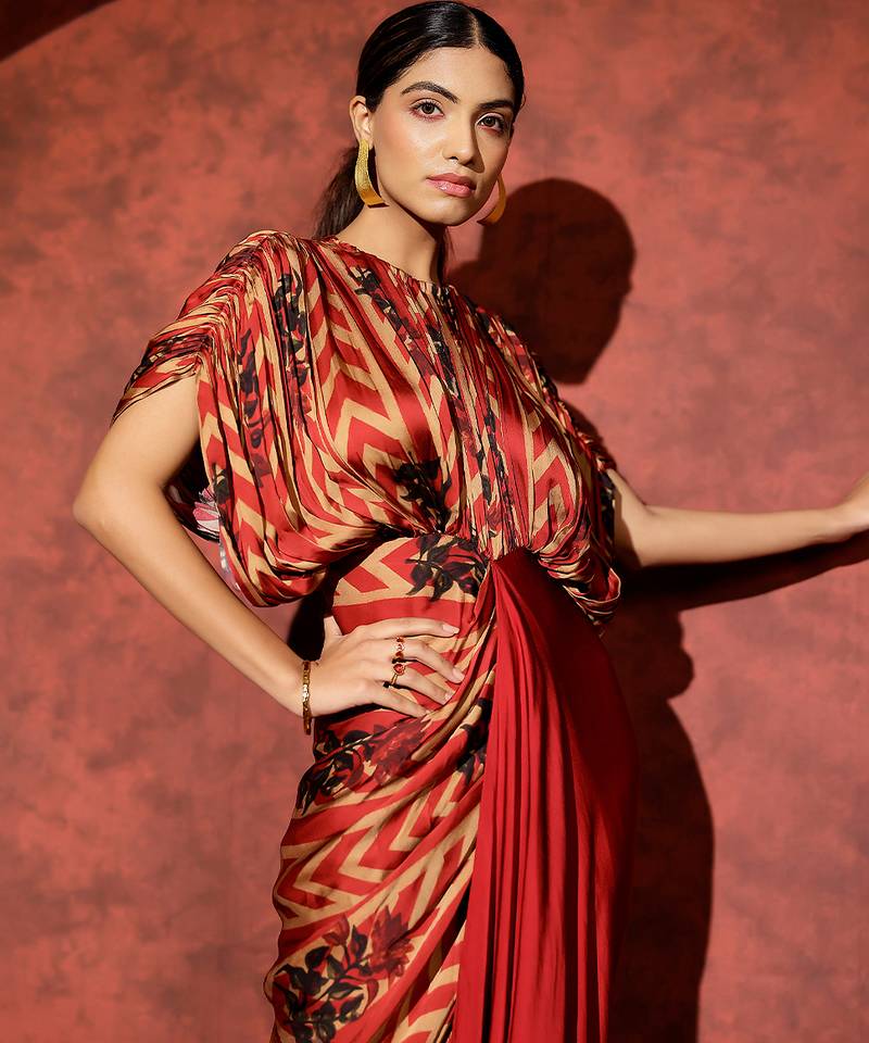 Red printed georgette gown