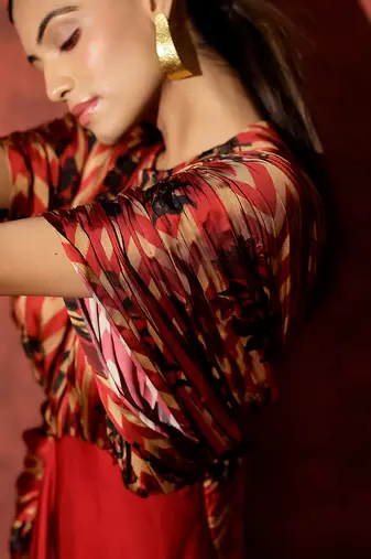 Red printed georgette gown