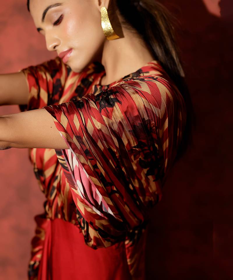 Red printed georgette gown