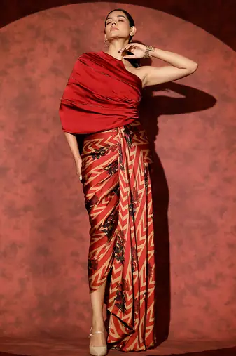 Red printed georgette gown