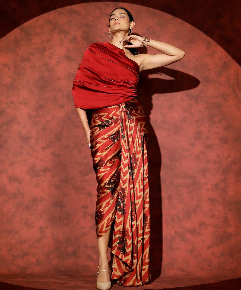 Red printed georgette gown