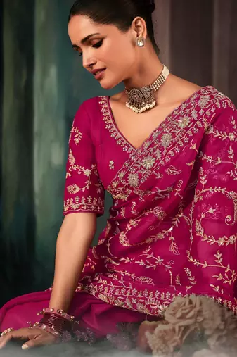 Rani pink fancy hand work border with heavy designer blouse  wedding wear saree