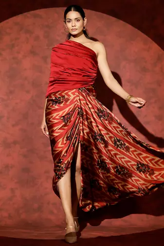Red printed georgette gown
