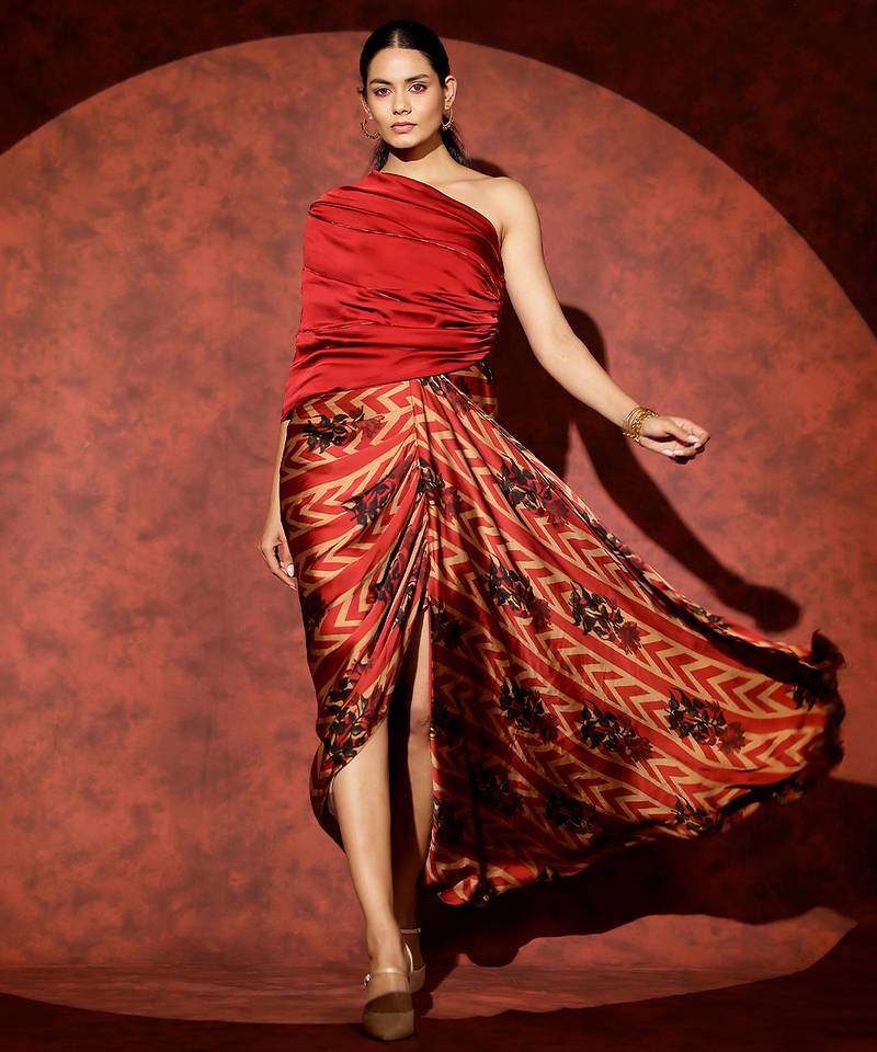 Red printed georgette gown