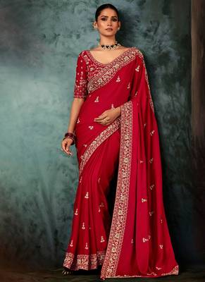 Blood red fancy hand work border with heavy designer blouse  wedding wear saree 1
