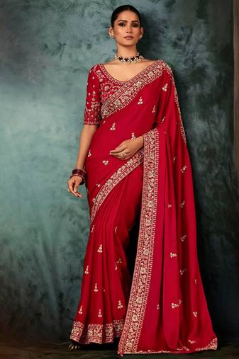 Blood red fancy hand work border with heavy designer blouse  wedding wear saree