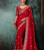 Blood red fancy hand work border with heavy designer blouse  wedding wear saree