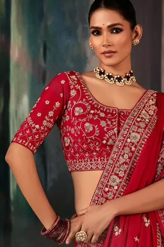 Blood red fancy hand work border with heavy designer blouse  wedding wear saree